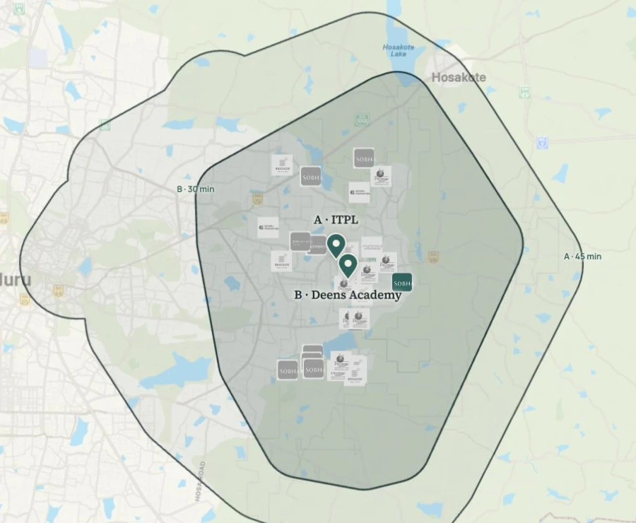 Actual Discovery result: the overlapping areas within 45 minutes of ITPL and 30 minutes of Deens Academy, with matching projects marked