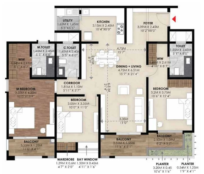 The actual developer floor plan of the represented three-bedroom home